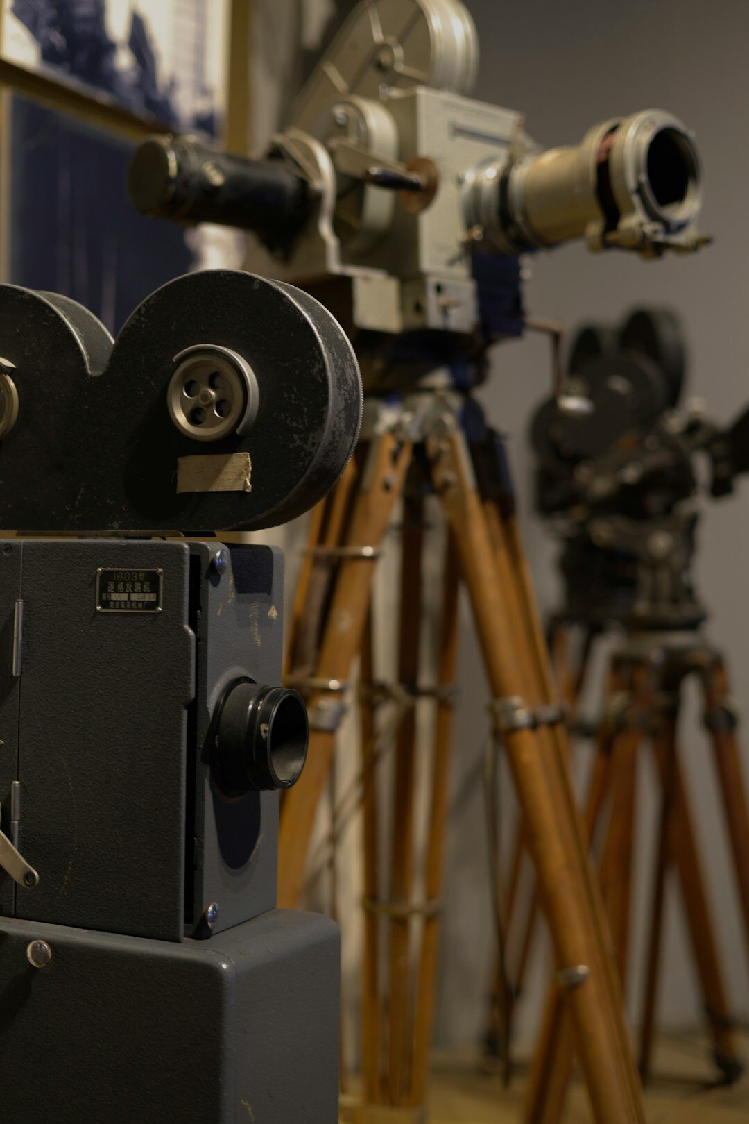 Vintage television studio with cameras and bright stage lights